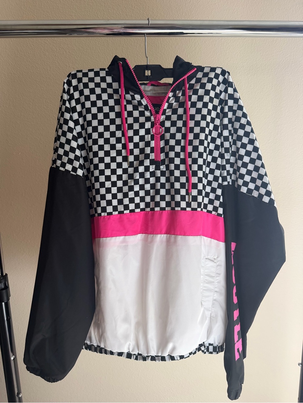 Rue21 Black & White Checkerboard Hooded Jacket with Pink Trim